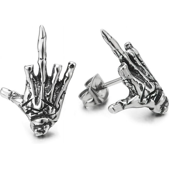 Mens Womens Stainless Steel Vintage Hand Skeleton Bone Stud Earrings, Screw Back, Punk Rock Gothic