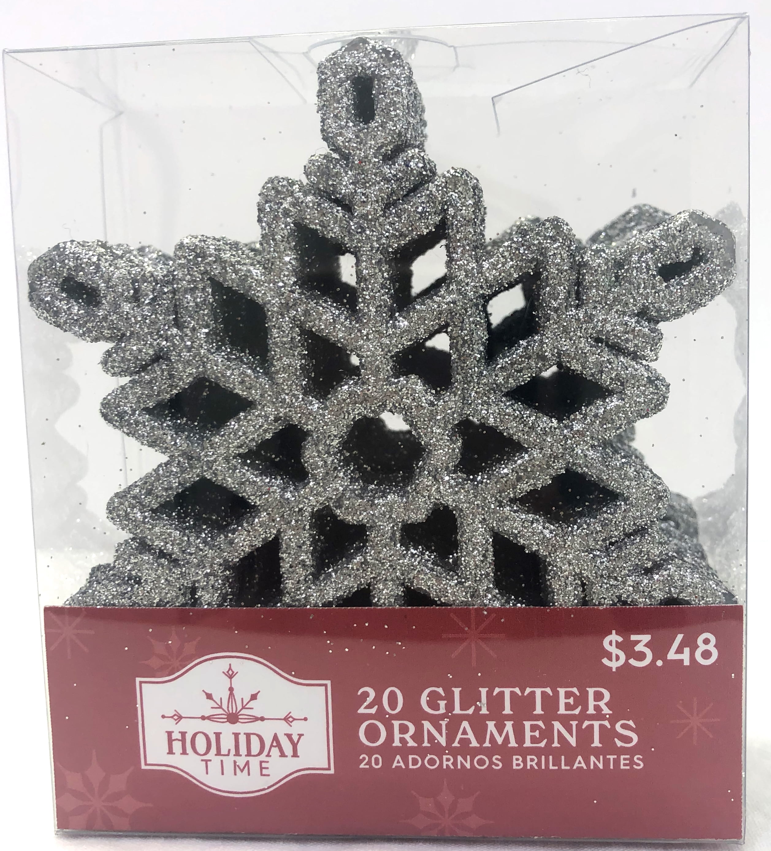 Holiday Time Silver Glitter Snowflake Christmas Ornaments, 20 Count