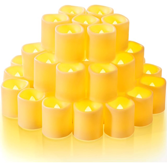 Homemory Paquete de 24 velas votivas parpadeantes sin llama, velas falsas eléctricas de más de 200 horas, candelita LED con pilas para bodas, exteriores, mesa, festivales (blanco cálido, batería inclu