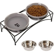 FOREYY Elevated Cat Bowls with 2 Ceramic Bowls and 2 Stainless Steel Bowls,Raised Cat Food Water Bowl with Iron Stand,Porcelain Pet Dishes for Cats and Small Dogs,16 Ounces,Dishwasher Safe(Gray)