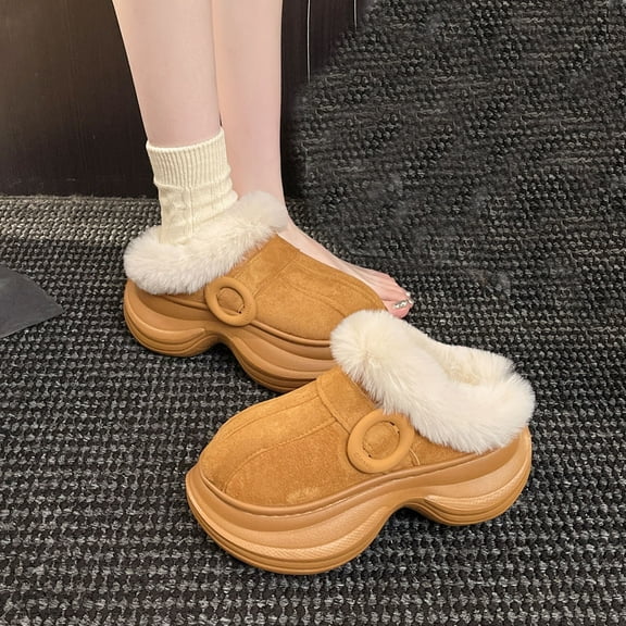 SYMSHOES Womens Brown Faux Faux Fur Platform Mules - Warm Flock Lined Indoor Outdoor Chunky Platform Slippers for Women Retro Fashion,Size 36