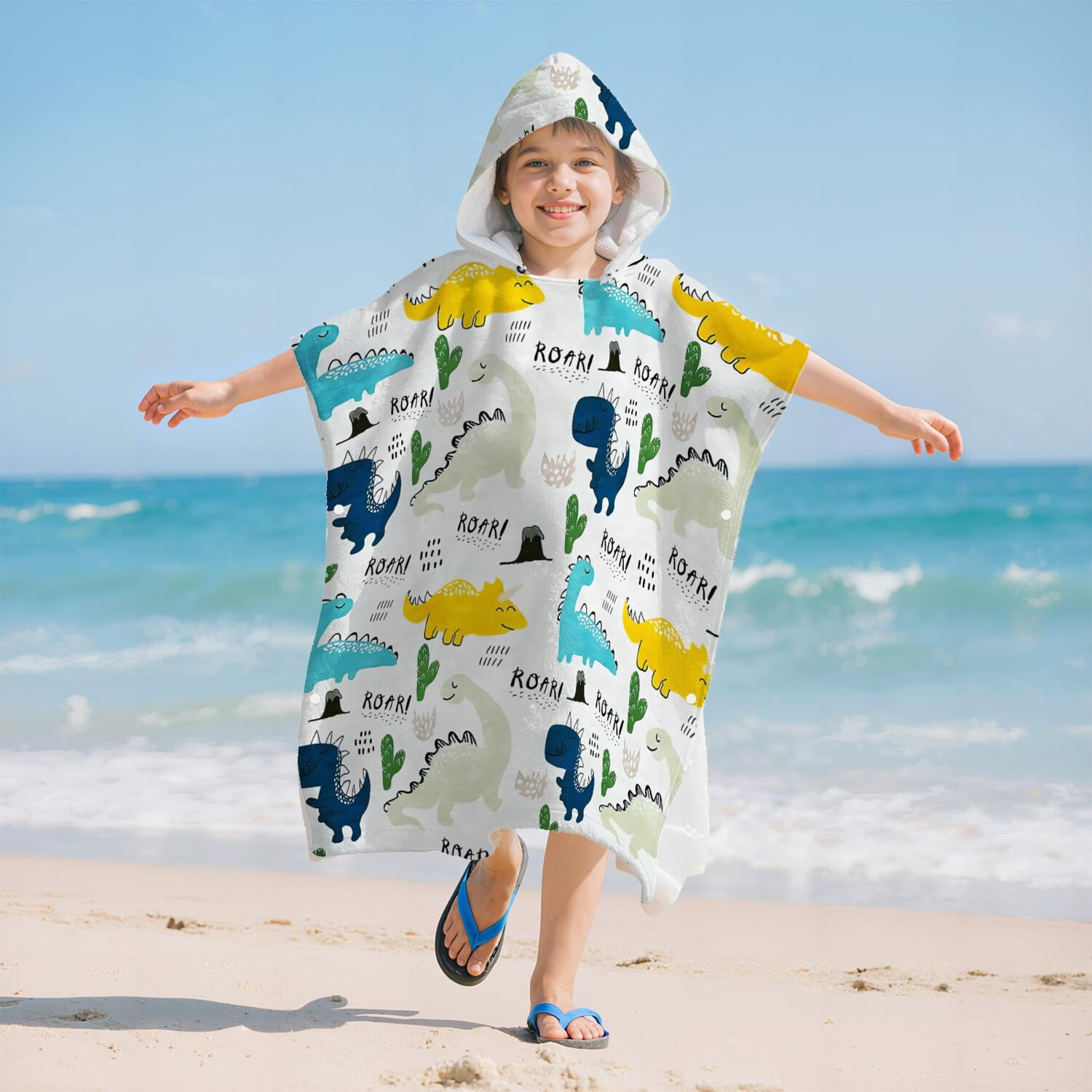 Hooded Kids Beach Towels - Toddler Bath Towel Girls Boys Swimming Cover-ups for Ages 2 to 6 Kids Pool Towels Quick Dry Lightweight Soft Microfiber Poncho Towel 28x28 (Dinosaur Pattern)