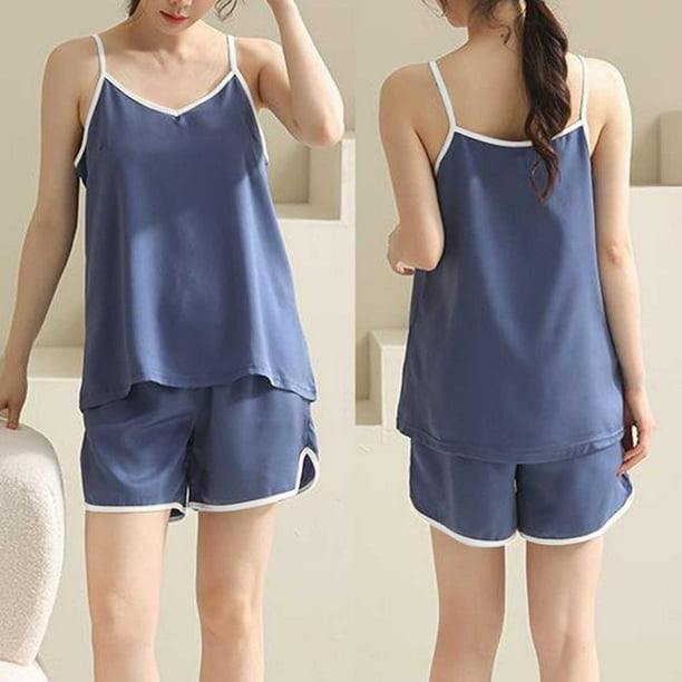 Karight Sleepwear for Womens Straps Tank Top Shorts 2 Piece Pajamas Lace Faux Silk Nightgowns Plain Match Thin Pjs Sets