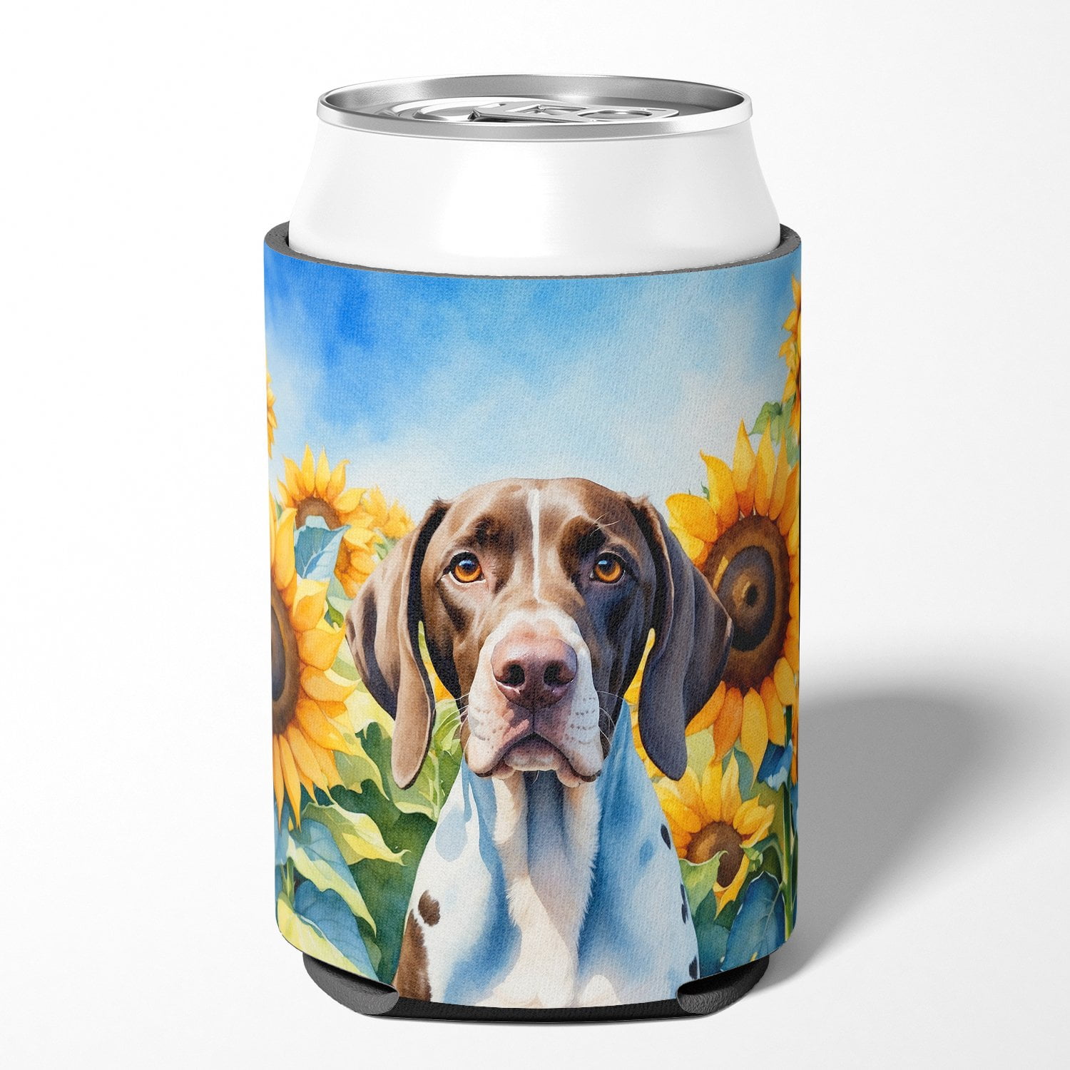 Pointer in Sunflowers Can or Bottle Hugger 3 in x 5 in