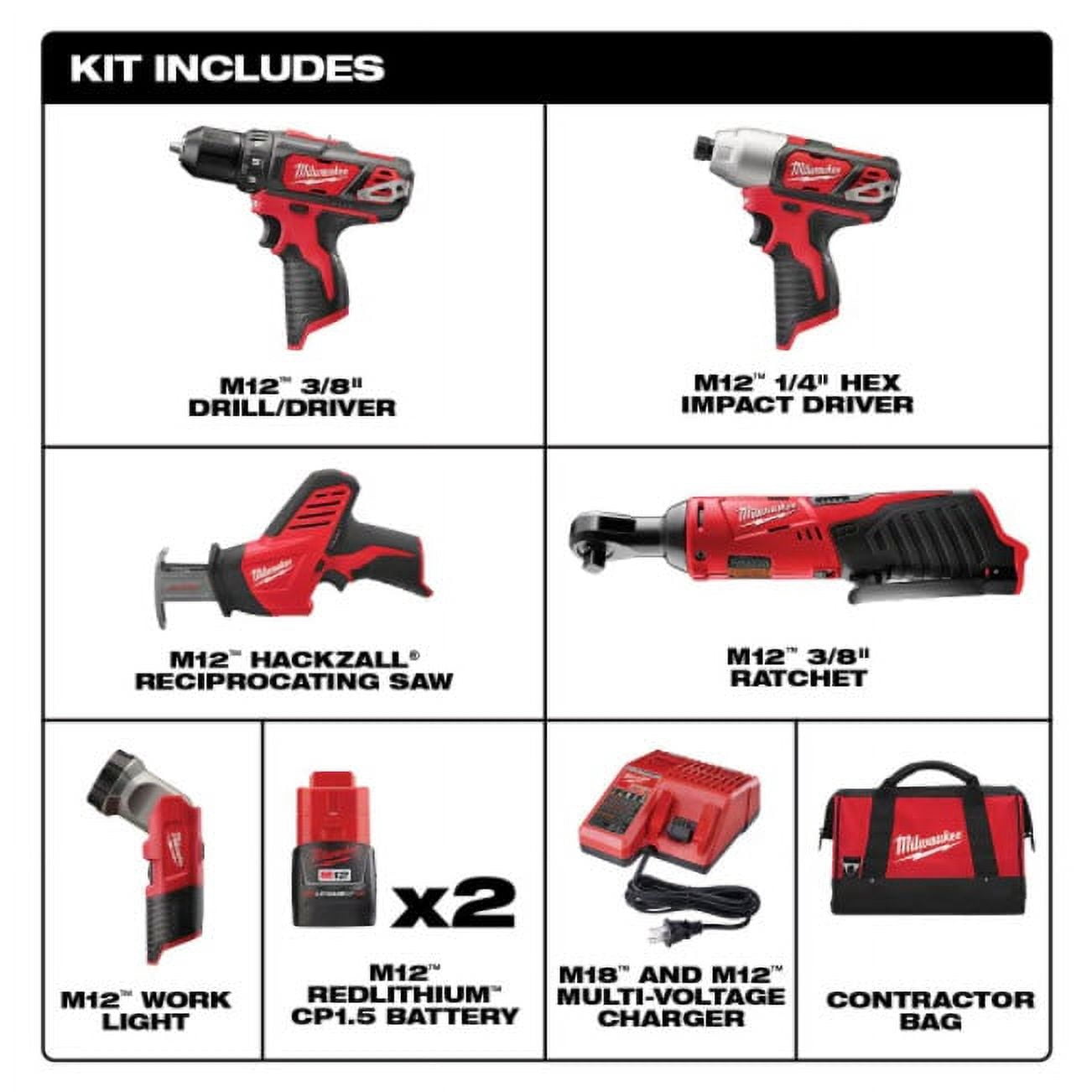 Milwaukee 2498-25 M12 12-Volt Lithium-Ion Cordless Combo Tool Kit (4-Tool) with 1.5 Ah Batteries, Charger, Tool Bag