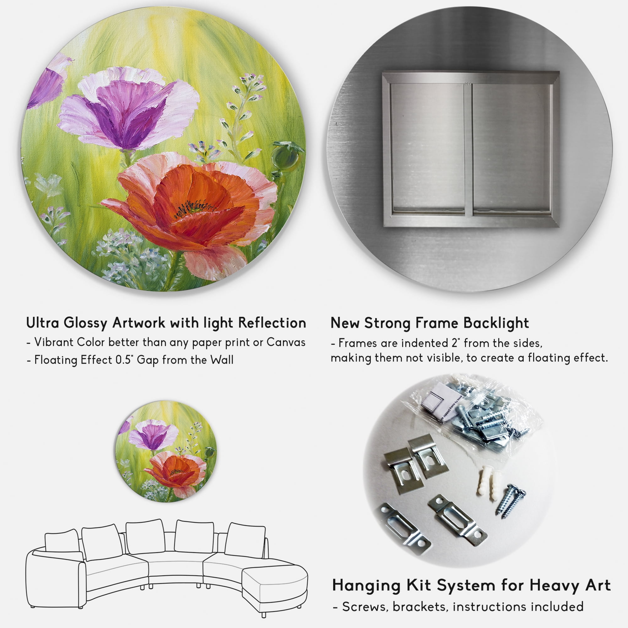 Designart 'Poppies In The Morning In Wild Green' Traditional Circle Metal Wall Art 29x29 - Disc of 29
