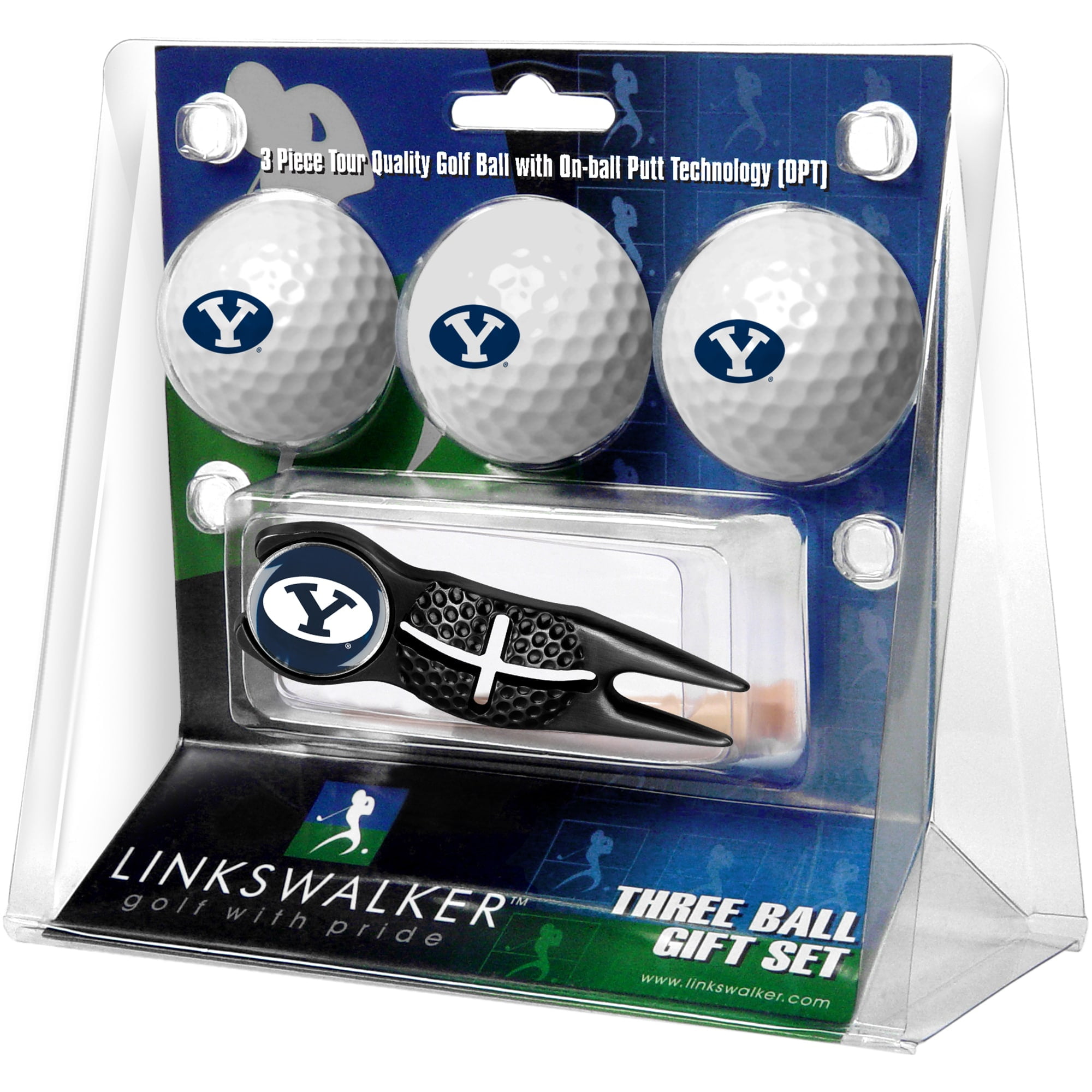 BYU Cougars 3Pack Golf Ball Gift Set with Black Crosshair Divot Tool