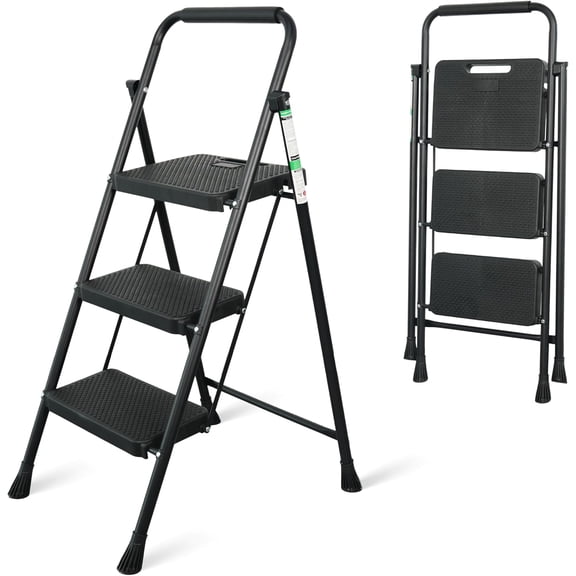 3 Step Ladder, Portable Steel Folding Step Stool with Wide Anti-Slip Pedal & Convenient Handgrip, 500lbs Sturdy Steel Ladder