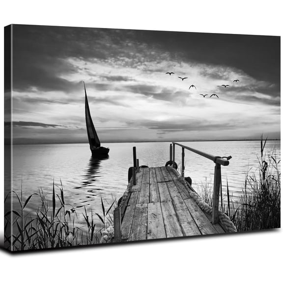 Black and White Coastal Wall Art for Living Room, Nature Beach Picture Decor Ocean Landscape Poster Prints Seascape Sailboat Painting Vintage Modern Artwork Bedroom Kitchen Home Decoration
