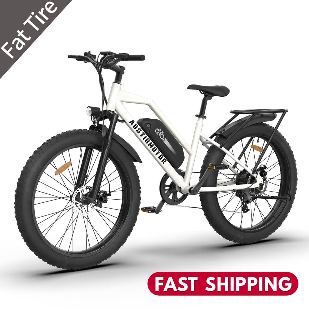 AOSTIRMOTOR Unisex City Electric Bike,Ebike with 750W Motor 48V 13AH  Removable Lithium Battery with Rack and Fender,26x4.1 Inch Fat Tire Ebikes  for Adults，White