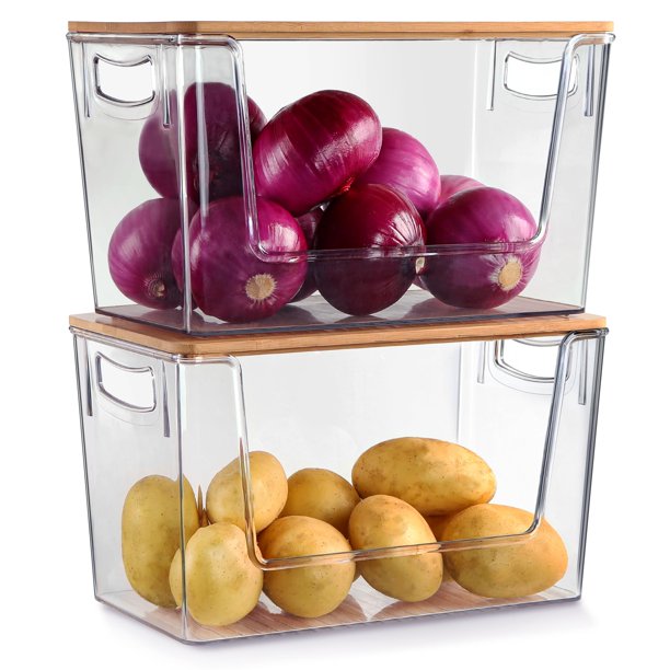 Set organizador de despensa Spacemart con tapa de bambú, 3 unidades, plástico transparente