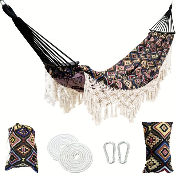 Premium Upgrade Double Brazilian Hammock with Tassels & Carry Bag Pillow– Rich Brown Woven Cotton for Patio, Yard & Travel, Supports Up to 450 lbs(Brown)