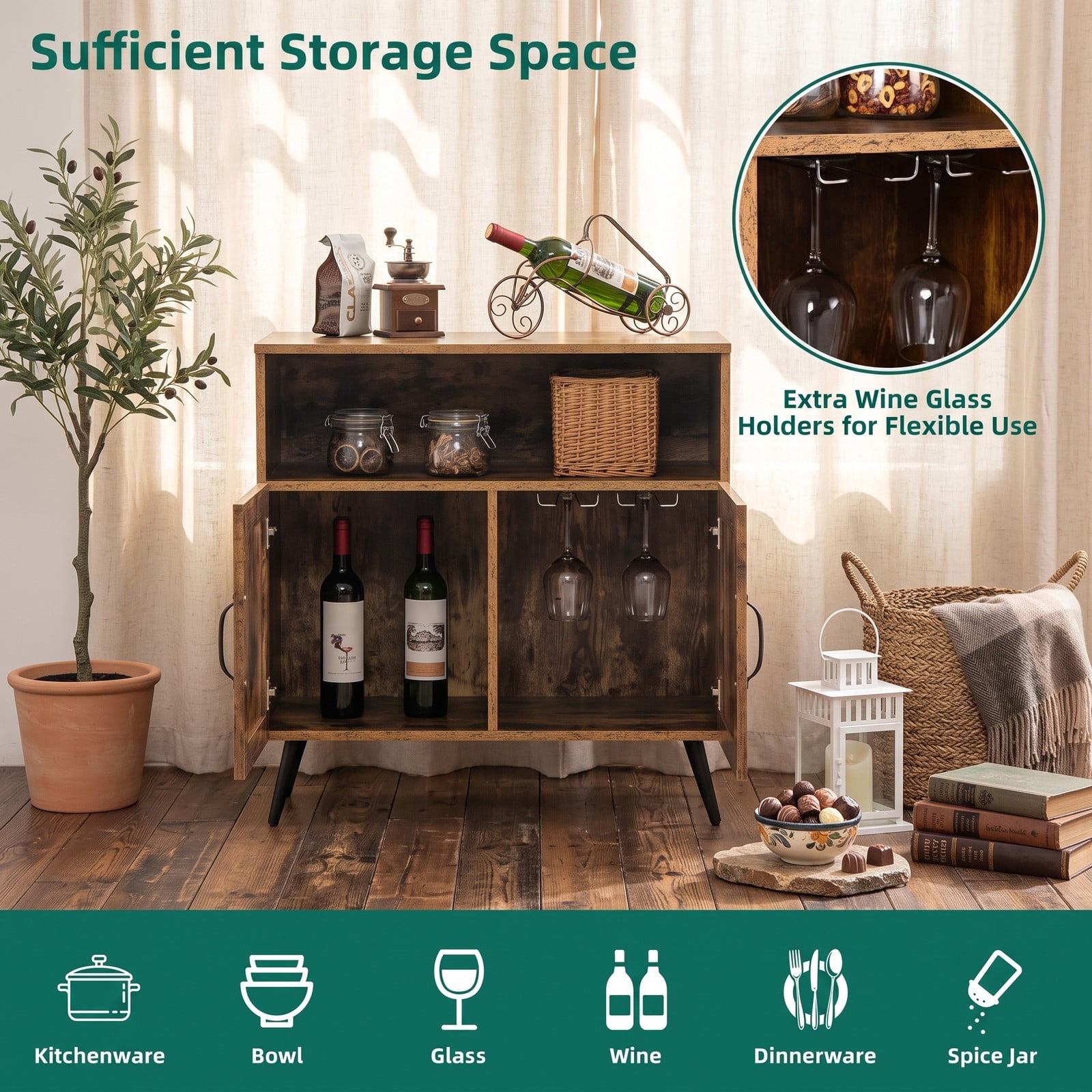 Furnibear Mid-Century Wooden Storage Cabinet Sideboard Buffet with Wine Glass Holders, Open Shelf, 2 Enclosed Cabinets for Living Room Dining Room Kitchen, Rustic Brown