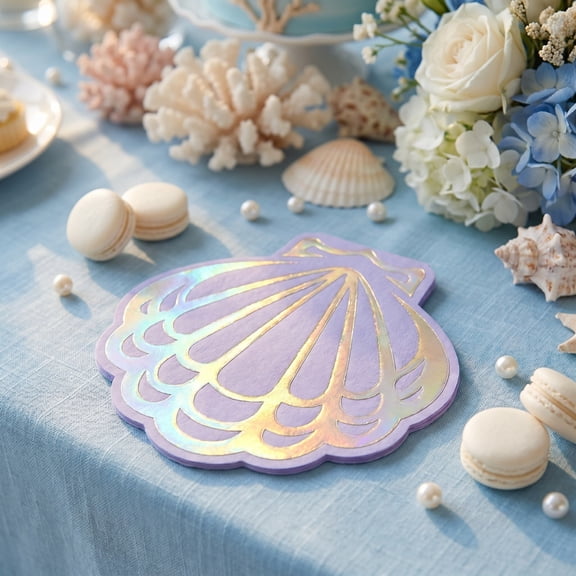 Light Purple Holographic Seashell Shaped Disposable Paper Napkins, 20 Count Underwater Themed Party Decor, Dreamy Iridescent Table Setting Accent