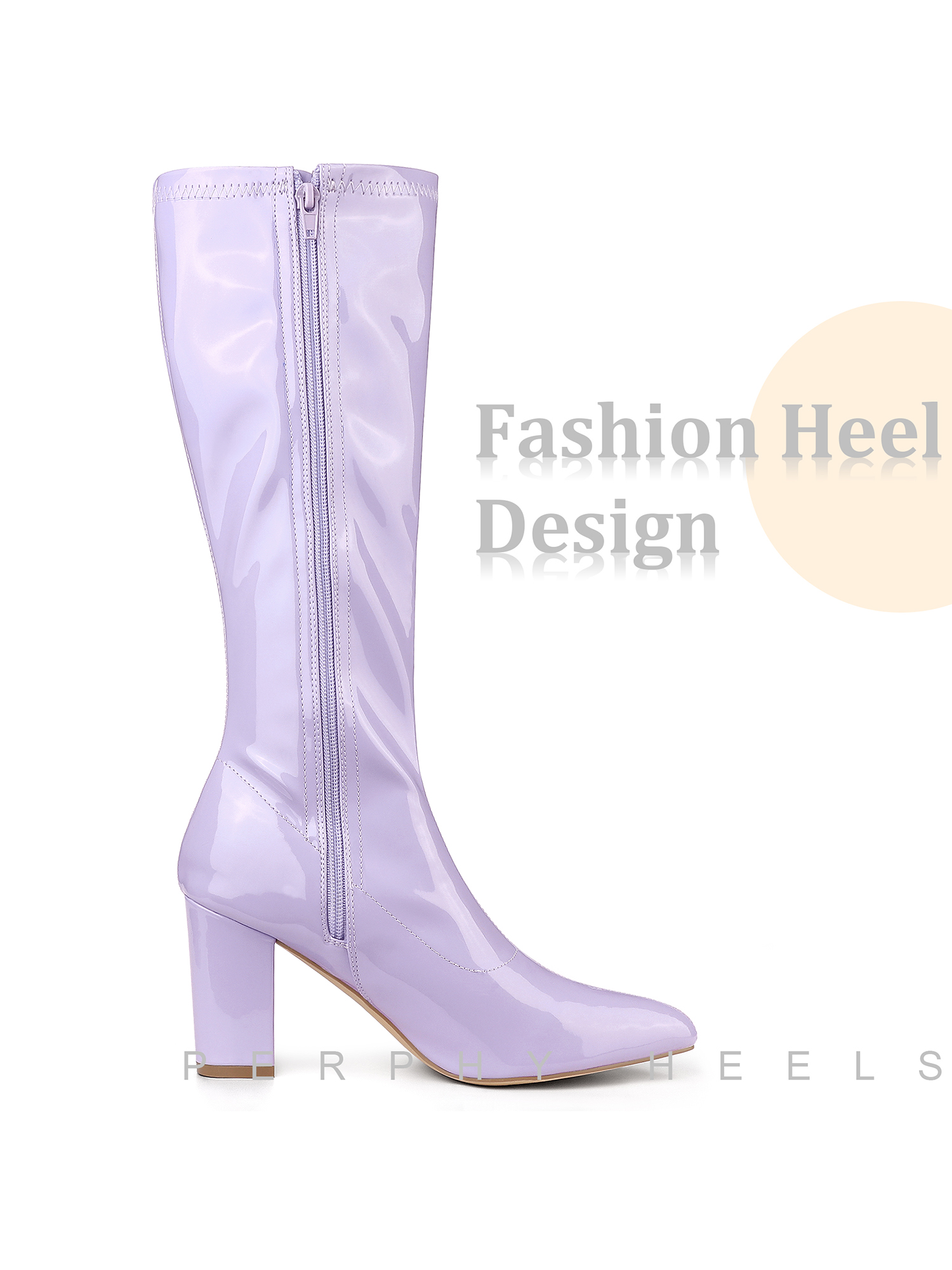 DARING DIVA Women's Go Go Boot Patent Leather Chunky Heels Knee High Boots Purple 6