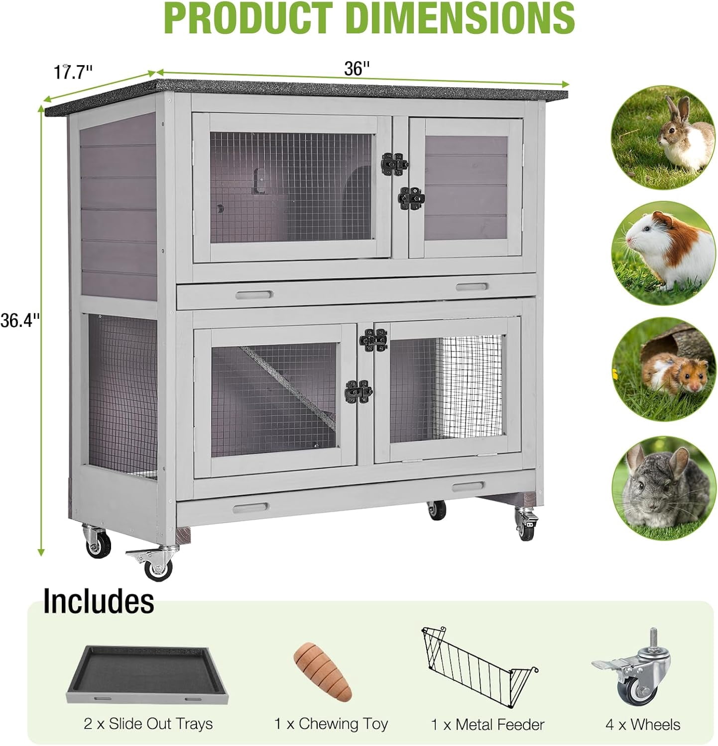 MEDEHOO Rabbit Hutch Indoor with Chew-Proof Design, Wooden Bunny Cage Outdoor Guinea Pig Cages with Wheels, Leak-Proof Trays for Rabbits, Guinea Pigs, Small Animals