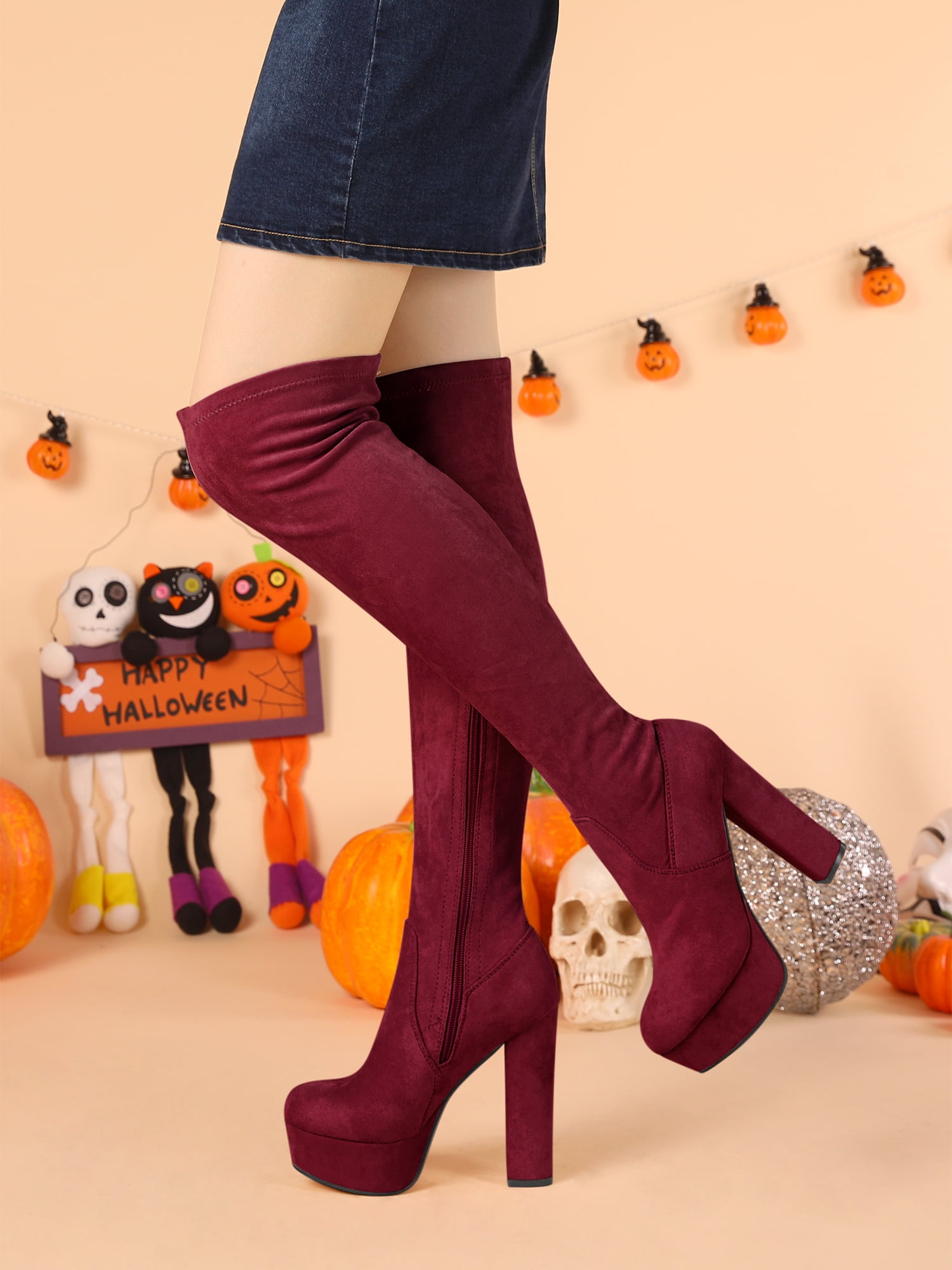 DARING DIVA Women's Platform Block Heel Over Knee High Boots Burgundy 6.5