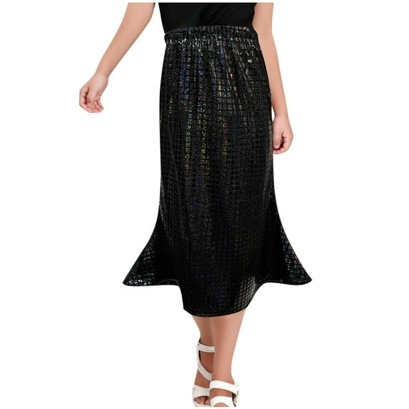 Zwiiyzr 2025 Sequin Long Skirt for Girls 3-16Y Toddler & Kids Sparkle A-Line Dance Midi Skirts Black