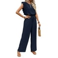 thumbnail image 2 of Jumpsuits for Women 2025 Summer Ruffle Sleeves Square Neck Rompers Drawstring Overalls with Pockets Dark Blue S, 2 of 9