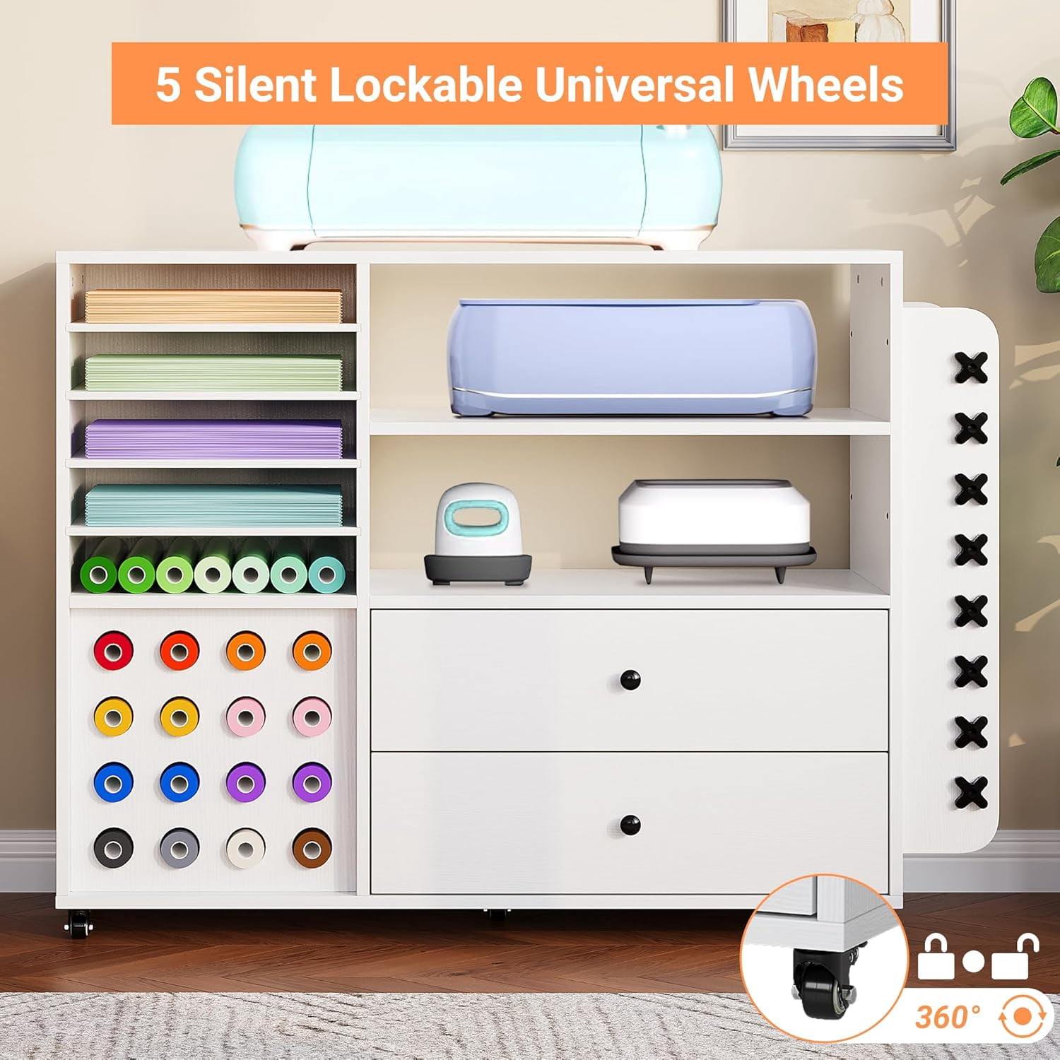 Garvee Craft Cart Compatible with Cricut Machine, 42" Cricut Cart Storage Organizer, 24 Vinyl Roll Holder, 2 Large Drawers, Craft Table for Home, White
