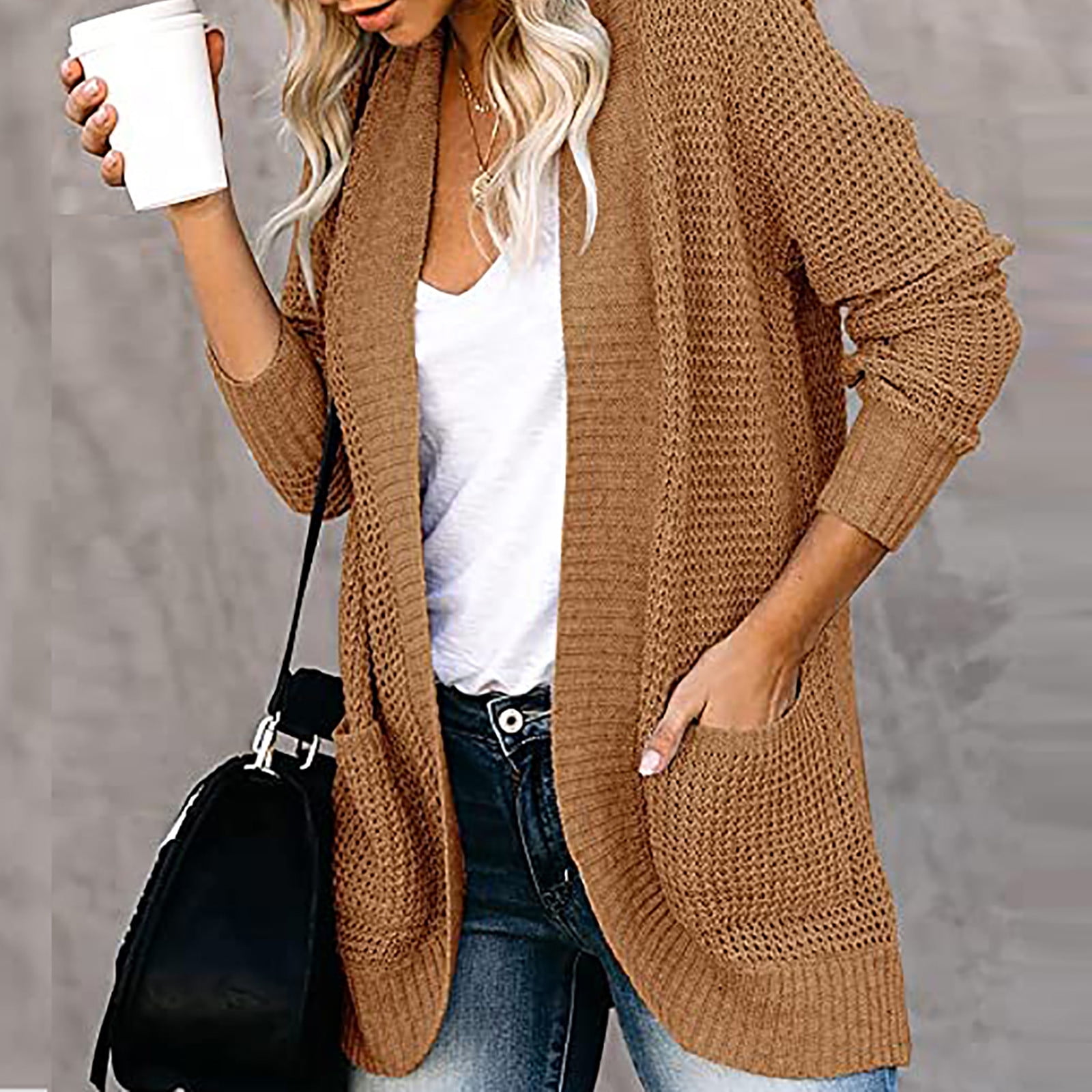 Awdenio Women Casual Soild Long Sleeve Pocket Plush Long