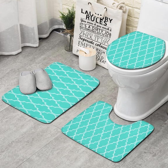 Turquoise Geometric Quatrefoil Pattern Bathroom Rugs Sets 3 Piece,Toilet Cover Set,Absorbent Non Slip Bathroom Mats Sets with U-Shaped Contour Rug Toilet Rug Set