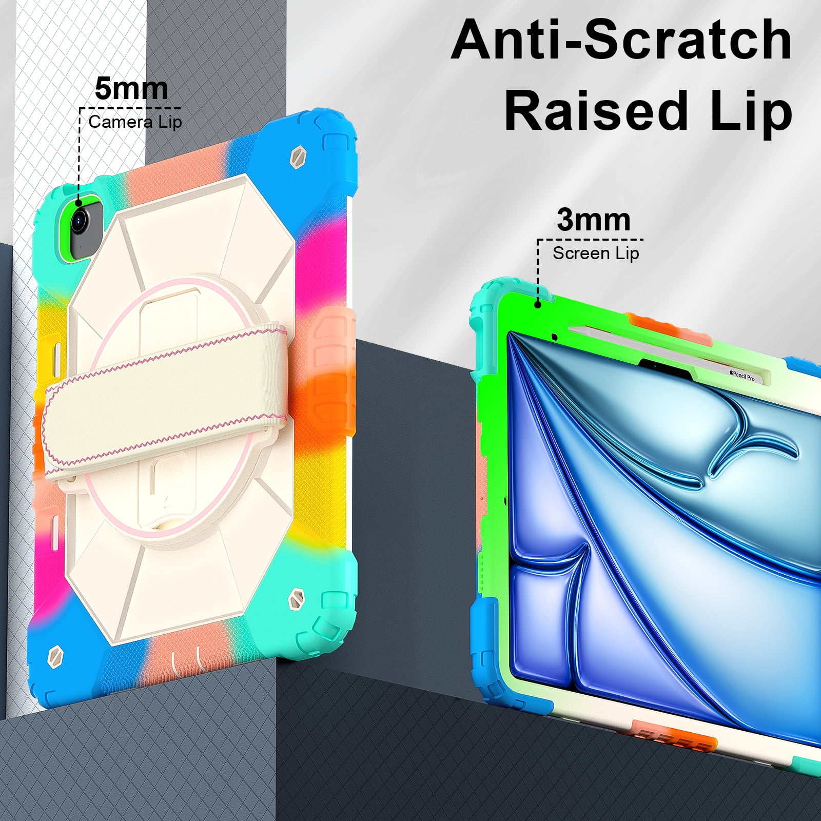 Allytechgroup iPad Air 13 Inch 2024 Case Cover with Pencil Holder, Rugged Protection with Kickstand & Hand Strap Heavy Duty Shockproof Kids Friendly Case for Apple iPad Air 13 M2 2024, Colorful Blue