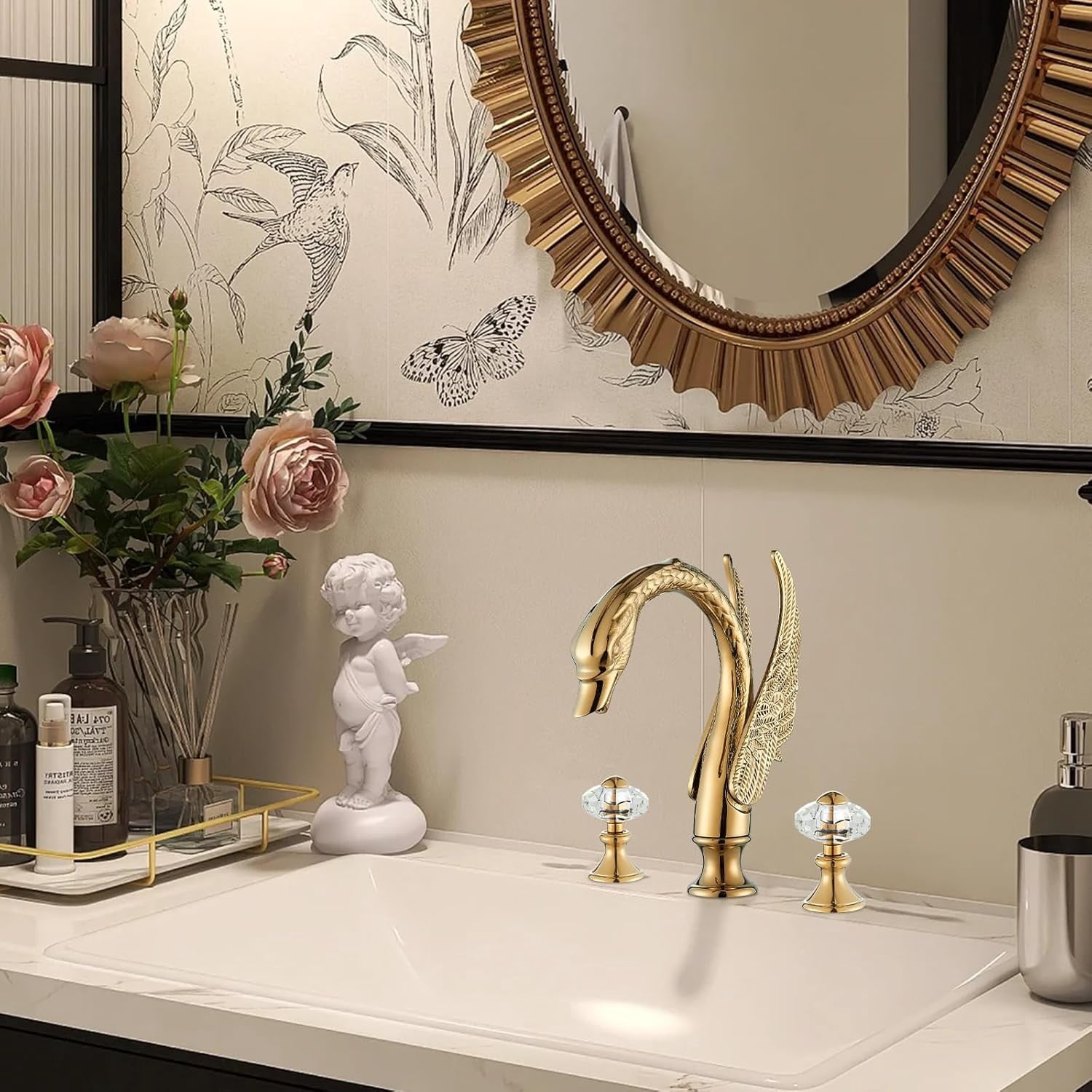 Widespread Golden Swan Style Bathroom Sink Faucet Deck Mount Sink Mixer Tap