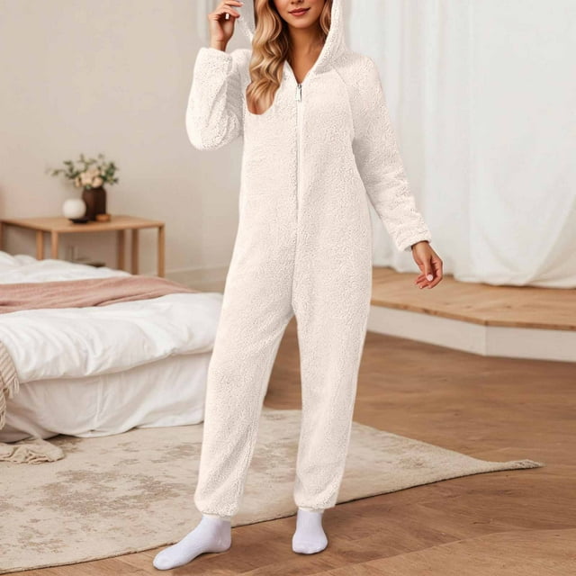 Timegard Plus Size Rompers for Women Fall Winter Fleece Fuzzy Hoodies Zipper Warm Jumpsuit Pajamas Sleepwear