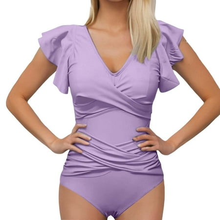 Hwmodou Tummy Control Swimsuits One Piece Women Modest White Bikini Bottom Ruffle High Waist Swimwear Bathing Suits Purple