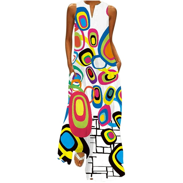 Pompotops Robe Longue Décontractée pour Femme avec Imprimé Rayé et Floral, Robe Maxi Sans Manches
