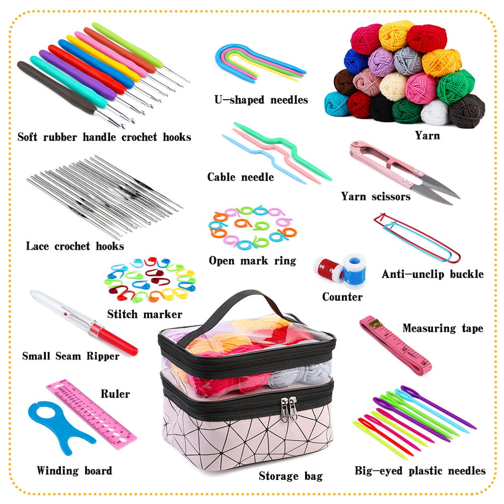 Slabao Crochet Kit for Beginners Adults and Kids, 9pcs Crochet Hooks and 15pcs 55 Yards of Yarn for Crocheting Kit, Needles, Accessories, Bag, Size: A