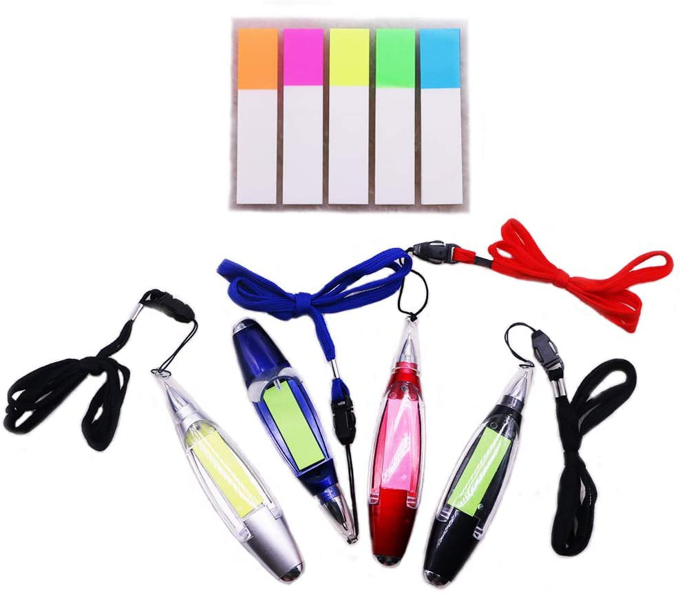 5 Pack Portable Lanyard Ballpoint Pens,Multi Use Blue Ink Pens with Lighting,Sticky Notes for Party,Office,Outside