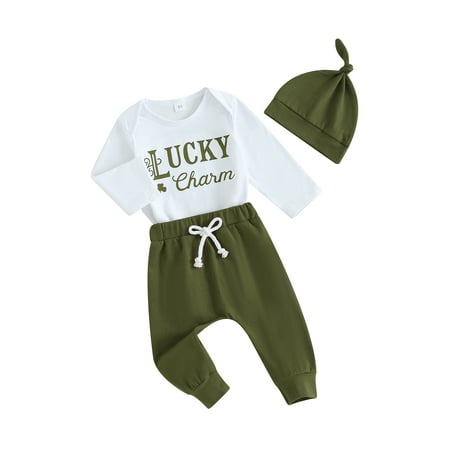 

Boy Irish Festival Letter Print Long Sleeve Romper with Pants and Hat