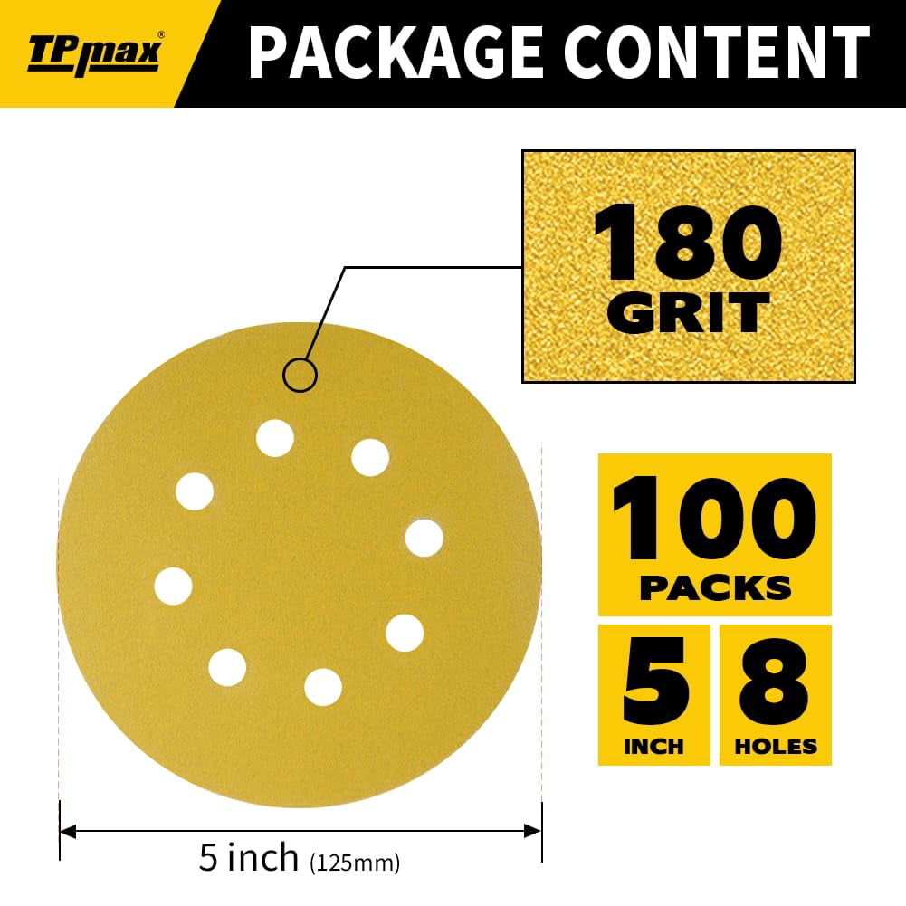 100-piece 5 inch 180 grit 1258-hole sandpaper discs - high-quality golden round hook and loop sandpaper for random orbital sanders - suitable for wood, metal, automotive.