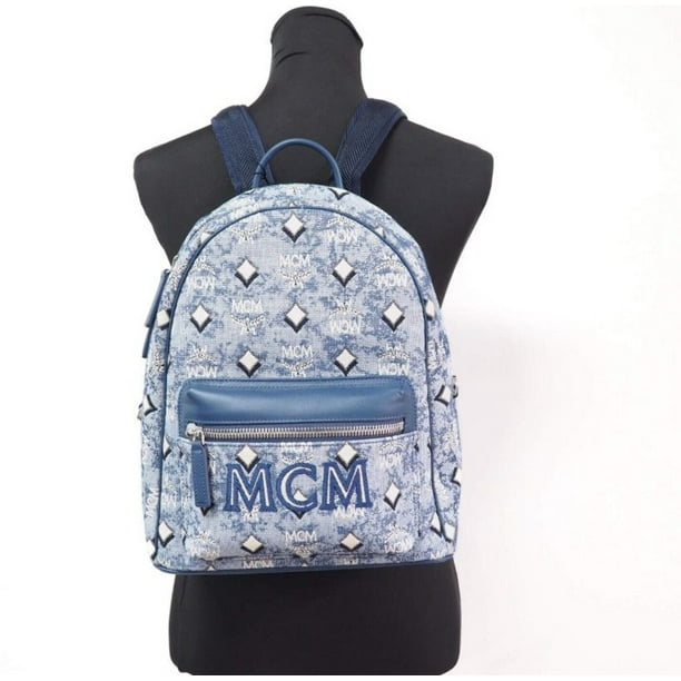 MCM Stark Small Blue Vintage Jacquard Monogram Logo Fabric