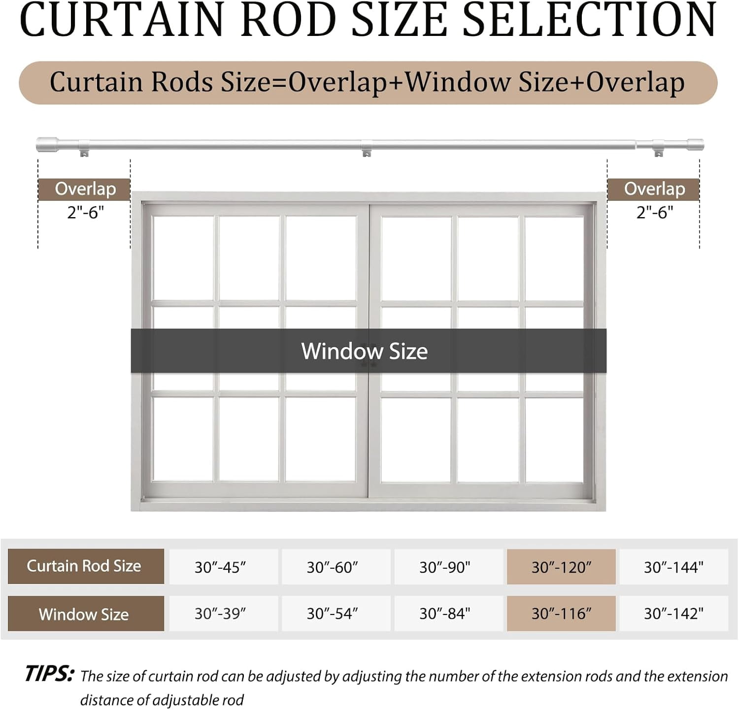 1” Diameter Silver Curtain Rods for Windows, 1 Pack 30-120 Inch Heavy Duty Window Treatment Rods, Long Adjustable Rod, Fits Most Standard Suitable Bedroom, Living Room, Farmhouse