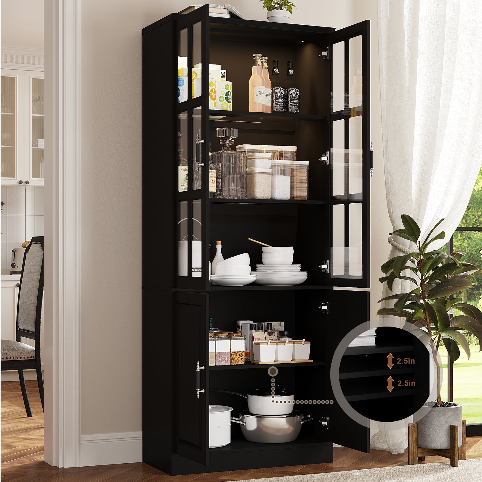 MEISSALIVVE 78.7" Kitchen Pantry Cabinet with Glass Doors & LED Lights, Freestanding Storage Hutch with Shelves, Black Pantry Cupboard, 31.5" W x 15.7" D