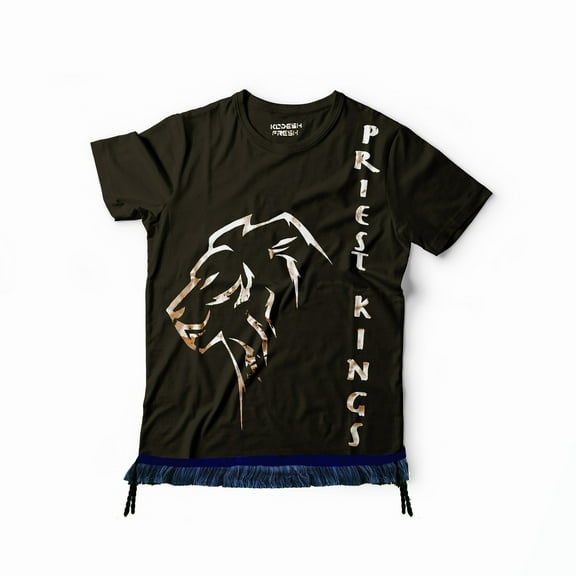 Kodesh Fresh Priest Kings Gold Print Black T-shirt with Fringes