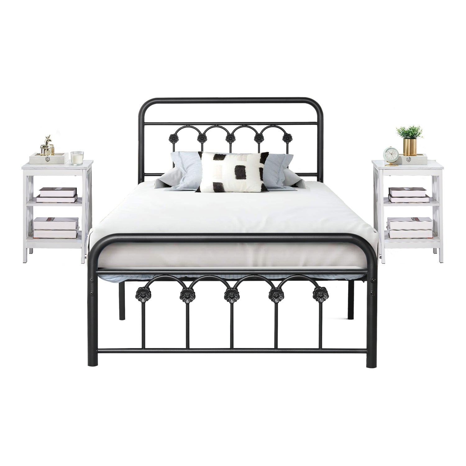 VECELO 3 Piece Bedroom Set with Twin Metal Bed Frame and 2 White ...
