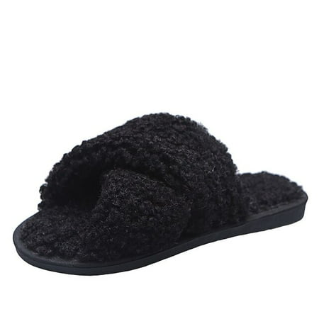 

CoCopeanut Winter New Teddy Velvet House Women Fur Slippers Trend Open Toe Cross Band Bedroom Girls Plush Shoes Ladies Fluffy Slippers
