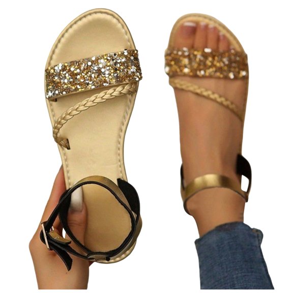 Rokment Women's Bling Sequin Flat Dressy Sandals Metallic Glitter Braided Leather Open Toe Ankle Strap Low Heels Comfortable Walking Summer Shoes Beach Gold Size 6.5