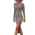 thumbnail image 2 of RKSTN Robes pour Femmes Couleur Unie Creuse Fendue Manches Longues Col Rond Robe Moulante, 2 of 5