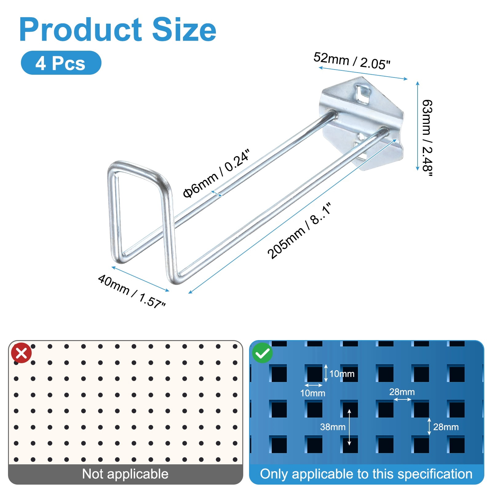 Uxcell 4Pcs Metal Square Peg Board Hooks, 8.1" Heavy Duty Square Hole Peg Hook for 3/8" Spaced Pegboards, Silver