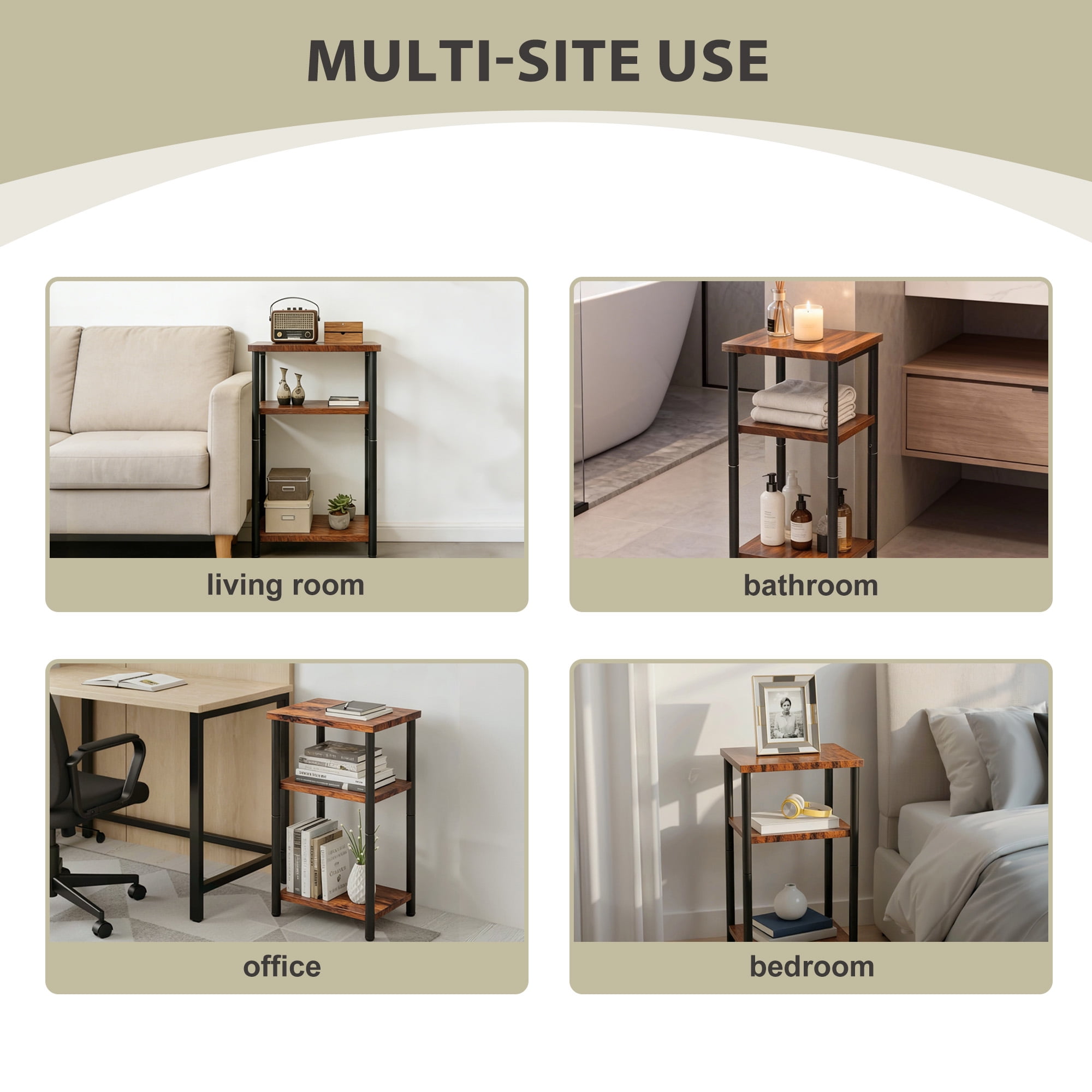 CONCETTA End Table with 3 Shelves, Narrow Nightstand for Small Spaces, Easy Assembly, Ideal for Living Room and Bedroom,Rust Brown