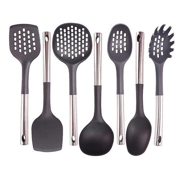 Juego de cucharas y espátulas de cocina de 7 piezas, espátula de nailon cuadrada - espátula de cocina de nailon cuadrada - nailon, negro, 34,5 cm