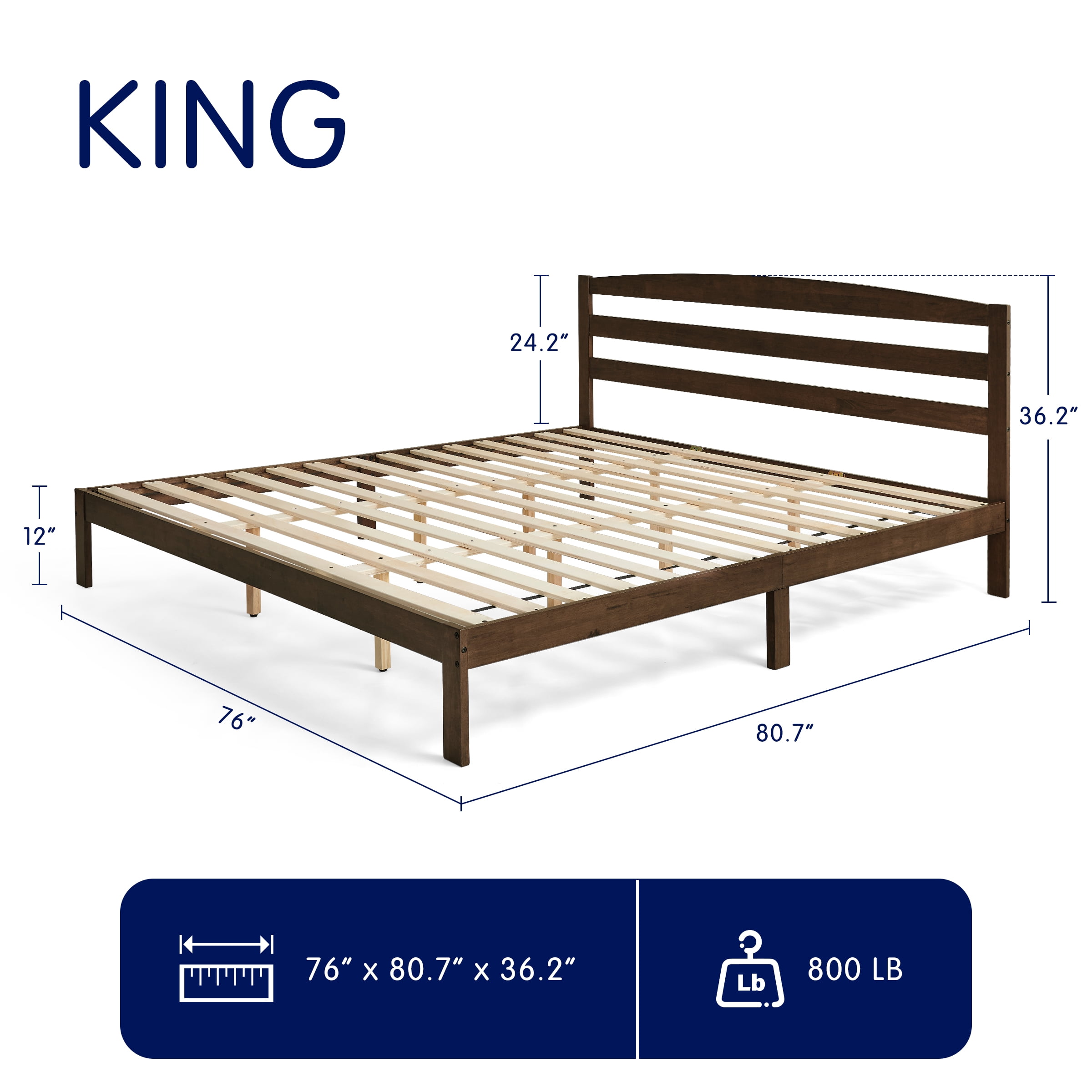 King Bed Frame, Wood Bed Platform with Headboard, No Box Spring, Dark Walnut