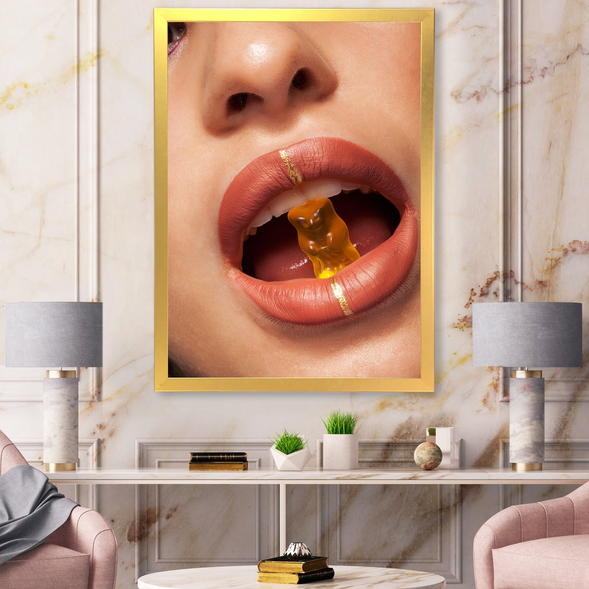Designart 'Close Up VIew of Female Lips Biting Gummy Bear' Modern Framed Art Print