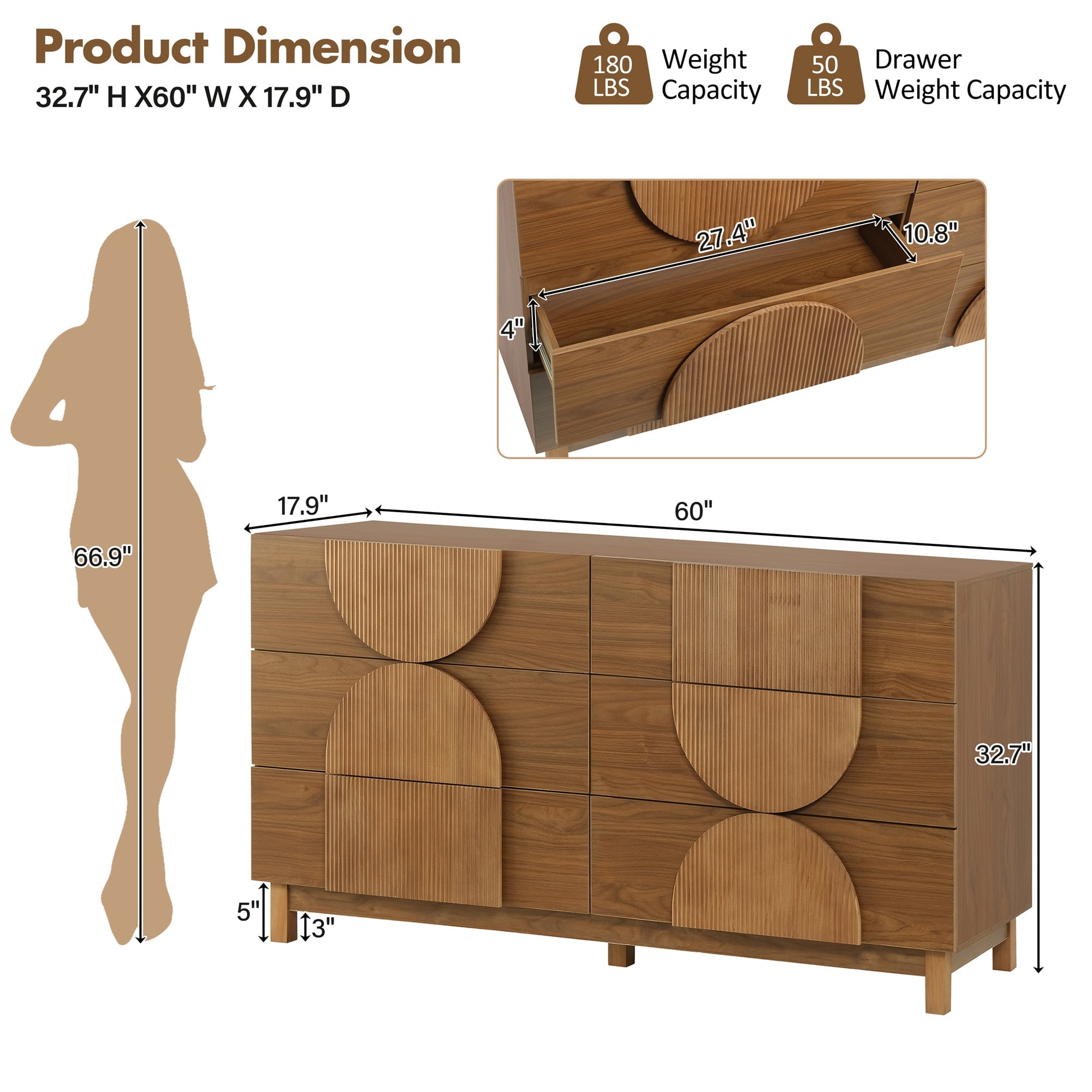 Alvantor 6 Drawer Dresser, 60" Wide Wooden Chest of Drawers, Fluted Dresser for Bedroom,Living Room, Hallway Natural