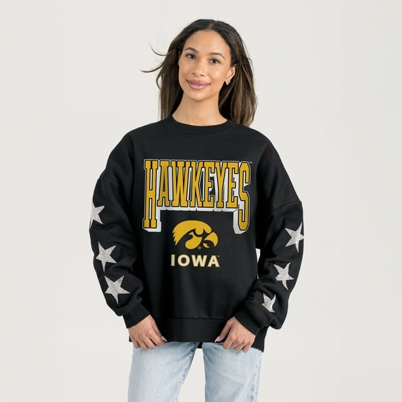Women's Gameday Couture Black Iowa Hawkeyes Pure Victory Relaxed Rhinestone Pullover Sweatshirt
